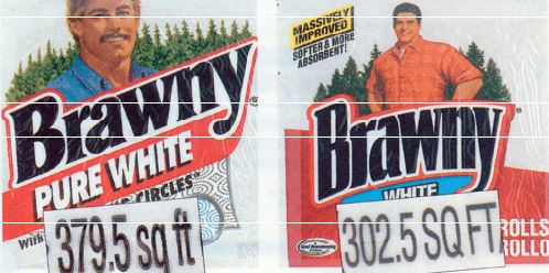   Brawny Comparison Photos -There are several visible differences between the two packages in the Brawny comparison photos shown above.Discuss which aspect(s)might be considered legal but unethical,and why.