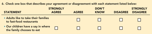   Figure 8-4: Question 6 -Consider Figure 8-4: Question 6 above,which is part of a Wendy's survey that assessed fast-food restaurant preferences among present and prospective consumers.Question 6 illustrates which type of question format? A)  dichotomous B)  open-ended C)  Likert D)  attitudinal E)  semantic differential