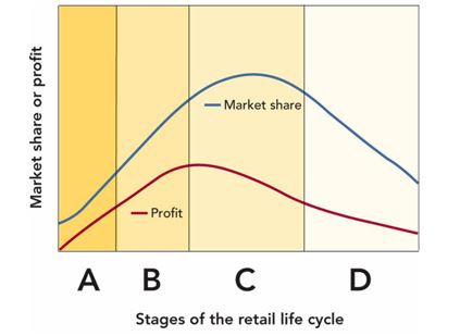       -According to Figure 13-5 above, B represents which stage of the retail life cycle? A) growth B) early growth C) accelerated development D) maturity E) expansion