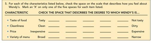   -Consider Figure 7-4: Question 5 above, which was part of a Wendy's survey that assessed fast-food restaurant preferences among present and prospective consumers. Question 5 illustrates which type of question format? A) dichotomous B) open-ended C) Likert scale D) semantic differential scale E) attitudinal