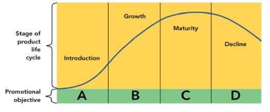 Figure: 16-3   -Reminding buyers of the product's existence is the promotional objective during which stage of the product life cycle as shown in Figure 16-3? A) Introduction B) Growth C) Maturity D) Decline