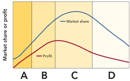 Figure: 15-7   -According to Figure 15-7,segment  C  represents which stage in the retail life cycle? A) Introduction B) Early growth C) Accelerated development D) Maturity