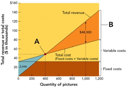 Figure: 13-7   -Figure 13-7 is drawn to show that variable costs are smaller than fixed costs when the firm sells A) 400 pictures. B) 900 pictures. C) 1000 pictures. D) 1200 pictures.
