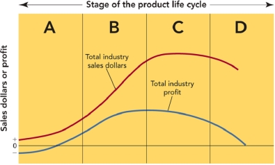 Figure: 11-1   -The stage in the product life cycle labelled  A  in Figure 11-1 is referred to as A) introduction B) maturity C) growth D) diversification