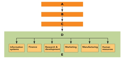 Figure: 2-1   -In Figure 2-1, E  represents A) Board of Directors. B) corporate-level strategy level. C) departments. D) functional-level strategy level.