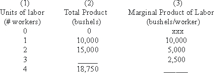 Use the following to answer questions : Table 12-1     -The correct MP<sub>L</sub> of the fourth worker in the table above is: A) 22,500 B) 2,000 C) 1,250 D) 1,500 E) 1,000