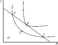 Equilibrium in the consumption of food (F) and clothing (C) occurs at which point in the figure below?   A) A. B) B. C) C. D) D. E) none of the above.
