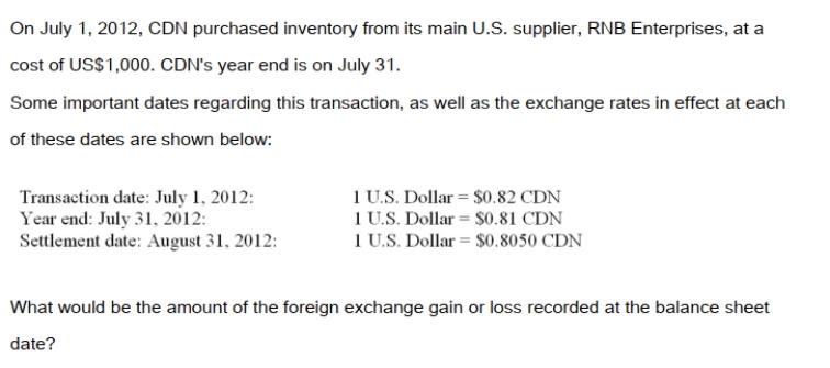   A)  A $15 exchange loss. B)  A $10 exchange loss. C)  Nil. D)  A $10 exchange gain.