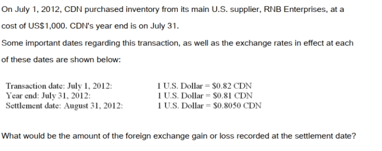   A)  A $15 exchange loss. B)  A $10 exchange loss. C)  A $5 exchange gain. D)  A $10 exchange gain.