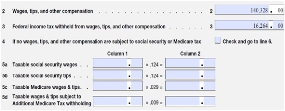 McBean Farms has the following information on their Form 941:   What amount should be entered in Column 1,Lines 5a and 5c? (Assume no Section 125 health insurance and that none of the employees had exceeded the Social Security wage base.)  A)  $16,264.00 B)  $140,328.00 C)  $8,700.34 and $2,034.76, respectively D)  $156,592