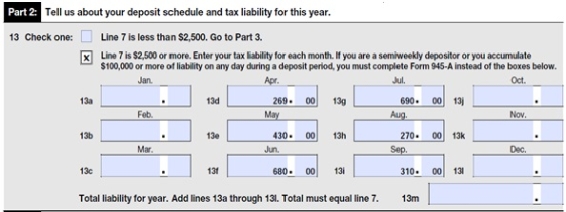 Collin's Pool Service files a Form 944 to report its payroll tax liability.Line 5 had a total of $2,648.96.Part 2 contained the following information:   What amount belongs in box 13m? A)  $2,500.00 B)  $1,379.00 C)  $2,649.00 D)  $2,648.96