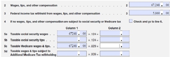 Daigneault Designs has the following amounts listed on their Form 941:   What amounts belong in Column 2,Lines 5a and 5c? A)  $4,169.38 and $1,950.19,respectively B)  $4,169.28 and $975.19,respectively C)  $8,338.75 and $1,950.19,respectively D)  $8,338.75 and $975.19,respectively