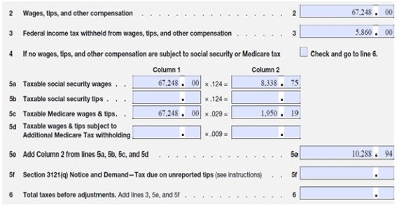 Daigneault Designs has the following amounts listed on their Form 941:   Assuming that Daigneault Designs has no tipped employees,what amount belongs on line 6? A)  $10,288.94 B)  $16,148.94 C)  $83,396.94 D)  $20,577.89