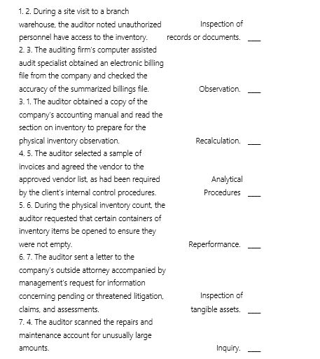 For each of the audit procedures listed below select the type of audit procedure,if any,that the auditor performed.A type of audit procedure may be selected once or not at all.  