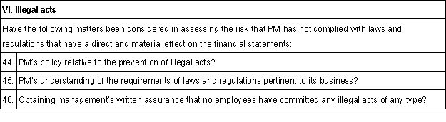 On September 3, 20X1, Larkin, CPA, was engaged to audit the financial statements of Precious Metals Co. (PM), for the year ended October 31, 20X1. PM purchases precious metals at wholesale prices and resells them to craft clubs at retail. PM is a new client whose common stock was first offered to the public five years ago. PM received an unqualified opinion on its financial statements in each of the prior three years, but changes auditors after each engagement. In accepting the engagement, Larkin completed all of the appropriate client acceptance procedures. Larkin instructed Johnson, an assistant on the engagement, to draft a planning checklist that would assist Larkin in preparing the audit staff for the fieldwork that is scheduled to begin on October 17, 20X1. On October 5, 20X1, Johnson prepared the planning checklist below (engagement letter points have been omitted). Indicate the inappropriate points that are included on Johnson's planning checklist.