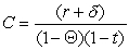 Assume that the user cost of capital (C)is simply   where r is the after tax rate of return,δ is the depreciation rate,Θ is the corporate tax rate and,r is the individual tax rate.Now assume further that the after?tax rate of return is 10 percent and the economic depreciation rate is 2 percent.The firm faces corporate taxes of 35 percent with an individual tax rate of 25 percent.What is the user cost of capital in this case?<div style=padding-top: 35px> 