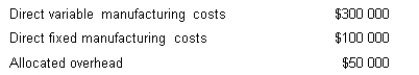 Xebex Pty Ltd is considering whether to make or buy a component used in the production of Faz Machines. The annual cost of producing the 100 000 components used by the company is as follows.   If Xebex were to discontinue production of the component, direct fixed manufacturing costs would be reduced by 80 per cent. What are the irrelevant costs in the decision? A)  $50 000 B)  $70 000 C)  $80 000 D)  $100 000