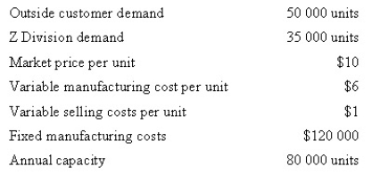 <strong>Barrister Company has two divisions: A and Z. The A Division produces a single product that can be sold to outside customers or to the Z Division. Sales forecasts, production statistics and costs for both divisions for 2014 are shown below: A Division: Z Division: * When A Division sells to Z Division, no variable selling costs are incurred by A Division. Calculate the minimum per unit transfer price that A Division should charge Z Division in 2014, using the general transfer-pricing formula.</strong> A) $6.00 B) $8.50 C) $7.26 D) None of the given answers