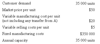 <strong>Barrister Company has two divisions: A and Z. The A Division produces a single product that can be sold to outside customers or to the Z Division. Sales forecasts, production statistics and costs for both divisions for 2014 are shown below: A Division: Z Division: * When A Division sells to Z Division, no variable selling costs are incurred by A Division. Calculate the minimum per unit transfer price that A Division should charge Z Division in 2014, using the general transfer-pricing formula.</strong> A) $6.00 B) $8.50 C) $7.26 D) None of the given answers