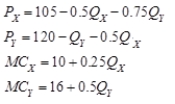 <strong>A firm sells two goods X and Y)that are related in consumption.The estimated inverse demand and cost functions are: <sub> </sub> <sub> </sub> What are the profit-maximizing levels of output for the two goods?</strong> A) = 6, = 3 B) = 40, = 40 C) = 58, = 30 D) = 240, = 270 E)none of the above