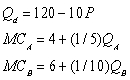 A firm with two plants,A and B,has the following estimated demand and marginal cost functions:   How should the firm allocate total output between the two plants in order to maximize profit? A) produce 5 units in plant A,10 units in plant B B) produce 15 units in plant A,10 units in plant B C) produce 20 units in plant A,20 units in plant B D) produce 20 units in plant A,25 units in plant B E) none of the above