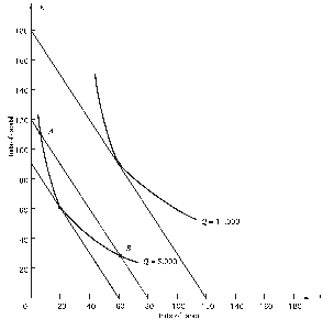 <strong>Refer to the following graph.The price of capital r)is $20. Why wouldn't the firm choose to produce 5,000 units of output with the combination at B?</strong> A)At B,MRTS < 3/2. B)At B,MP<sub>K</sub> / r > MP<sub>L </sub>/ w. C)At B,MP<sub>L</sub> < MP<sub>K</sub>. D)both a and b E)none of the above