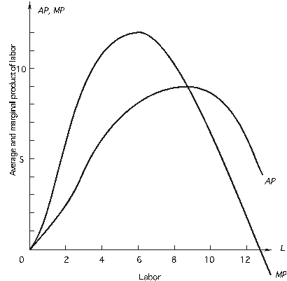 <strong> Above is a firm's average product of labor and marginal product of labor curves.The price of labor is $60 per unit.When the firm uses 6 units of labor,what is marginal cost?</strong> A)$0.25 B)$5 C)$6.67 D)$7.06 E)$10.25