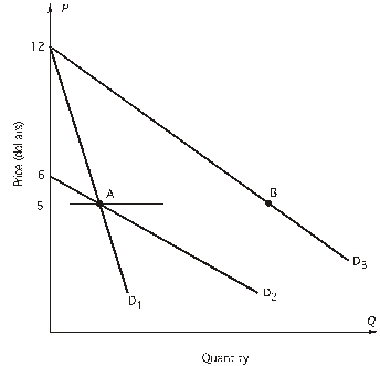 <strong>Refer to the following figure.At what prices are demand curves D<sub>1</sub>,D<sub>2</sub>,and D<sub>3</sub> unitary elastic? </strong> A)$5; $5; $5; respectively B)$17; $6; $5; respectively C)$6; $3; $6; respectively D)$1; $1; $1; respectively