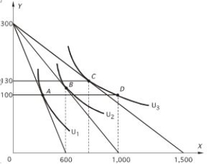 According to the following graph,if U<sub>2</sub> is the maximum attainable utility,the price of X is   The price of Y is $50. A) $10. B) $15. C) $20. D) $25. E) none of the above