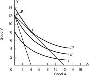 Refer to the following indifference map for a consumer who has an income of $48 to spend on goods X and Y and the market prices of X and Y are both $4:   Now suppose the price of good X increases to $12 while the price of good Y remains $4.Utility will be maximized on which indifference curve? A) I B) II C) III D) On an indifference curve below I