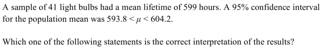 <strong> </strong> A) None of these are true. B) The probability that the population mean is between 593.8 hours and 604.2 hours is 0.95. C) 95% of the light bulbs in the sample had lifetimes between 593.8 hours and 604.2 hours D) We are 95% confident that the mean lifetime of all the bulbs in the population is between 593.8 hours and 604.2 hours. <div style=padding-top: 35px> 