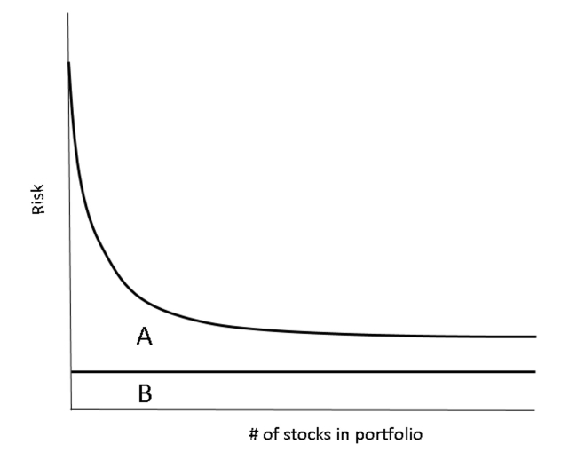 What type of risk is exhibited in section A of the graph?   A)  Systematic risk. B)  Unsystematic risk. C)  Political risk. D)  Correlation risk. E)  Stock risk.
