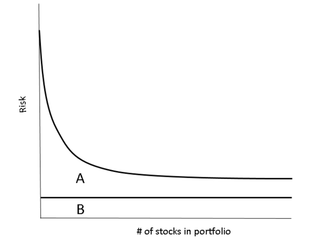 What type of risk is exhibited in section B of the graph?   A)  Systematic risk. B)  Unsystematic risk. C)  Political risk. D)  Correlation risk. E)  Stock risk.