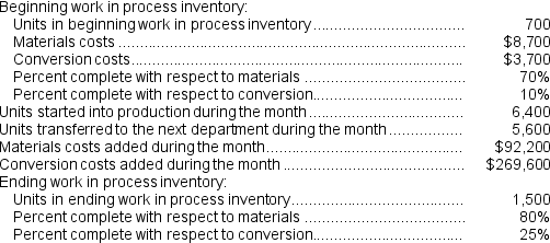 (Appendix 4A)  Normand Corporation uses the FIFO method in its process costing system. Data concerning the first processing department for the most recent month are listed below:    Note: Your answers may differ from those offered below due to rounding error. In all cases, select the answer that is the closest to the answer you computed. To reduce rounding error, carry out all computations to at least three decimal places. -The cost per equivalent unit for conversion costs for the first department for the month is closest to: A)  $45.66 B)  $52.86 C)  $47.94 D)  $48.14