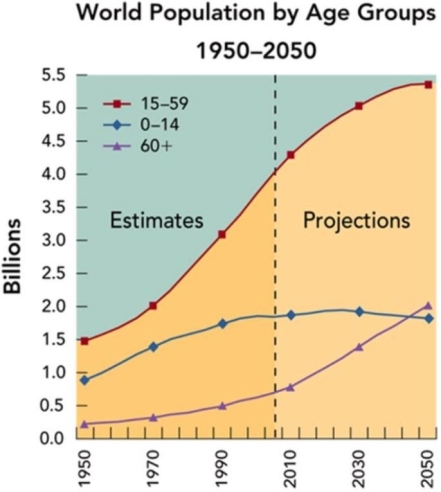Reference: 03-01 TB Figure 1    -According to TB Figure 1 above, in what year will the population totals for people under 14 and people over 60 be relatively the same? A) Sometime in the 1950s B) In the year 2008 C) Sometime in the 2040s D) Sometime in the 1990s