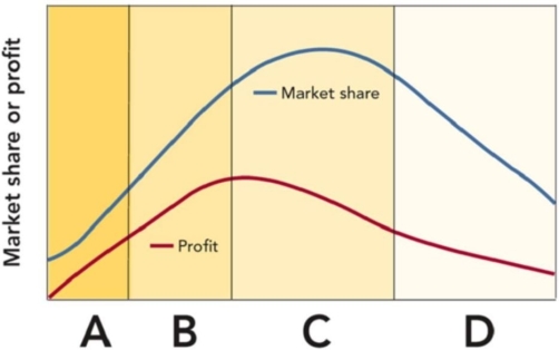 Figure 15-7    -According to Figure 15-7, segment  A  represents which stage in the retail life cycle? A) Maturity B) Early growth C) Accelerated development D) Introduction