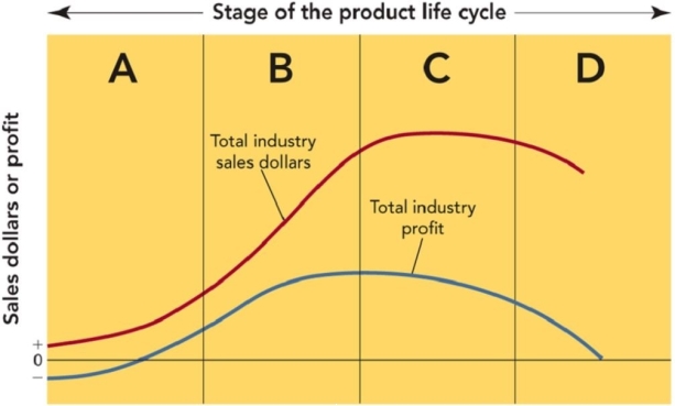 Figure 11-1    -The stage in the product life cycle labelled  D  in Figure 11-1 is called A) maturity B) growth C) decline D) introduction
