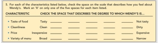     Figure 7-4: Question 5  -Consider Figure 7-4: Question 5,which was part of a Wendy's survey that assessed fast-food restaurant preferences among present and prospective consumers.Question 5 illustrates which type of question format? A)  dichotomous B)  open-ended C)  Likert scale D)  semantic differential scale E)  attitudinal