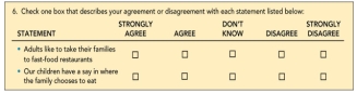   Figure 7-4: Question 6 -Consider Figure 7-4: Question 6,which was part of a Wendy's survey that assessed fast-food restaurant preferences among present and prospective consumers.Question 6 illustrates which type of question format? A)  dichotomous B)  open-ended C)  Likert D)  attitudinal E)  semantic differential