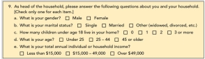   Figure 7-4: Question 9 -Consider Figure 7-4: Question 9,which was part of a Wendy's survey that assessed fast-food restaurant preferences among present and prospective consumers.Which of the following statements most likely explains why Question 9 was included in the questionnaire? A)  Wendy's wanted to know if children eat at its restaurants. B)  Wendy's wanted to know why people have children under age 18 living at home. C)  Wendy's can use these personal and household demographic characteristics to segment the fast-food market. D)  Wendy's wants to know how much people earn so it knows whether it should take credit cards for purchases. E)  Wendy's wanted to send these respondents coupons for the products that would appeal to them most.