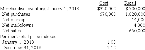Charleston Company has elected to use the dollar-value LIFO retail method to value its inventory. The following data has been accumulated from the accounting records:   Required: Estimate the ending inventory for December 31, 2018.