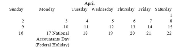 Looking at the following partial calendar for April, when will individual tax returns be due?121)    A)  Saturday, April 15. B)  Sunday, April 16. C)  Friday, April 14. D)  Monday, April 17. E)  Tuesday, April 18.