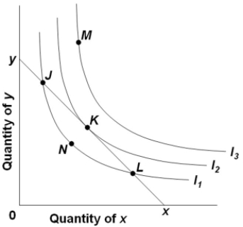 Refer to the diagram, where xy is the relevant budget line and I<sub>1</sub>, I<sub>2</sub>, and I<sub>3</sub><sub> </sub>are indifference curves. If the consumer is initially at point L, he or she should   A)  strive for point N by obtaining a larger money income. B)  purchase more of X and less of Y. C)  remain at that point to maximize utility. D)  purchase more of Y and less of X.