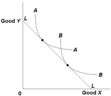 AA is Al's indifference curve, and BB is Betty's. Al and Betty have the same budget line, LL. This information implies that   A)  Al's demand for X is greater than Betty's. B)  Al's demand for Y is greater than Betty's. C)  Al and Betty have the same demand for both products. D)  Al will buy some of X, but Betty will not.
