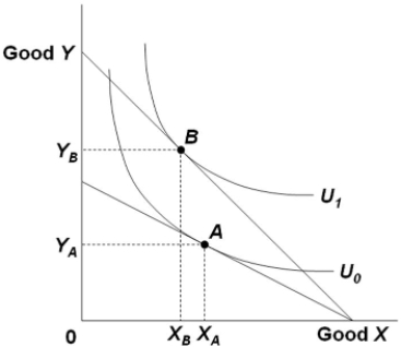 Refer to the diagram. The budget line shift that moves the consumer's equilibrium from point A to point B suggests   A)  an increase in the demand for product X. B)  a decrease in the demand for product X. C)  no change in the demand for product X. D)  that X is an inferior good.