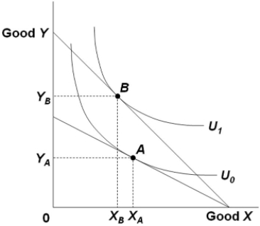 Refer to the diagram. The budget line shift that moves the consumer's equilibrium position from point A to point B suggests   A)  an increase in the quantity of Y demanded. B)  a decrease in the quantity of Y demanded. C)  a leftward shift in the demand curve for Y. D)  a rightward shift in the demand curve for Y.
