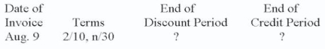 Calculate the End of Discount Period and End of Credit Period.    Aug. 19 (Aug. 9 + 10 days)