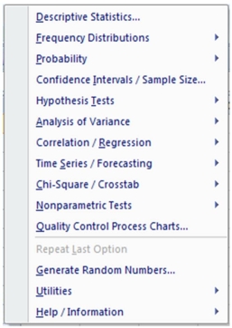 You do not wish to assume normality in the population, yet you wish to compare central tendency in c samples. You decide to utilize MegaStat, whose menu is shown here:   Which menu would you choose? A) Hypothesis Tests B) Nonparametric Tests C) Correlation/Regression D) Analysis of Variance