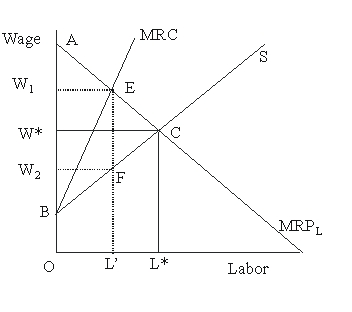   Figure 45.2 -In Figure 45.2, at the perfectly competitive equilibrium, the number of workers hired will be  A) L' B) L* C) less than L' D) between L' and L*