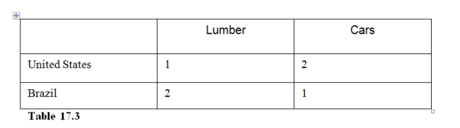   -In Table 17.3 the United States has  A) an absolute and comparative advantage in cars. B) an absolute and comparative advantage in lumber. C) an absolute and comparative advantage in both goods. D) an absolute advantage but not a comparative advantage in lumber.